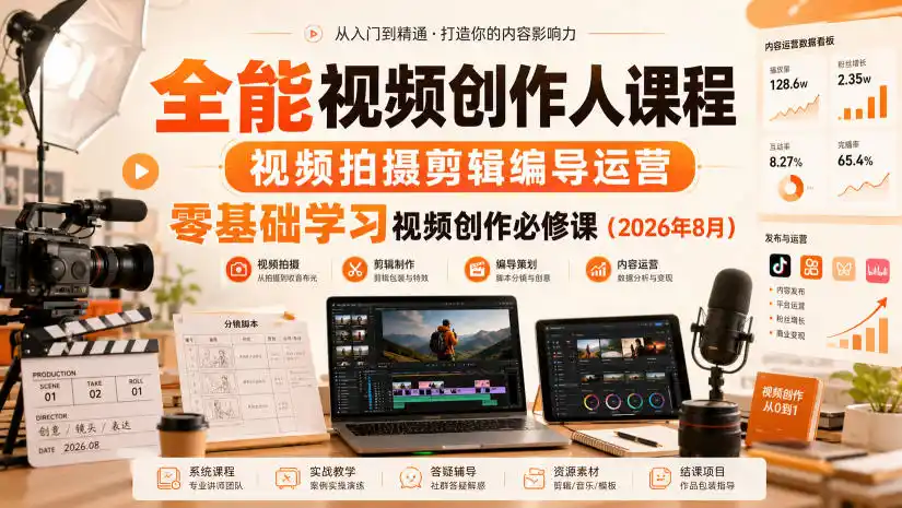 全能视频创作人课程，视频拍摄剪辑编导运营，零基础学习视频创作必修课(2026年8月)-来缘阁
