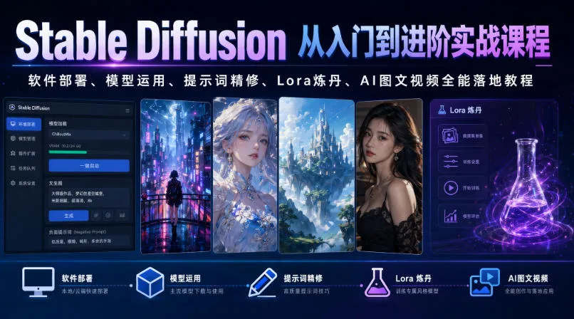 Stable Diffusion从入门到进阶实战课程｜软件部署、模型运用、提示词精修、Lora炼丹、AI图文视频全能落地教程-来缘阁