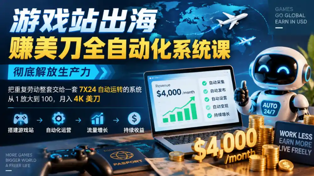 游戏站出海賺美刀全自动化系统课，彻底解放生产力–把重复劳动整套交给一套7X24自动运转的系统，从1放大到100，月入4K美刀-来缘阁