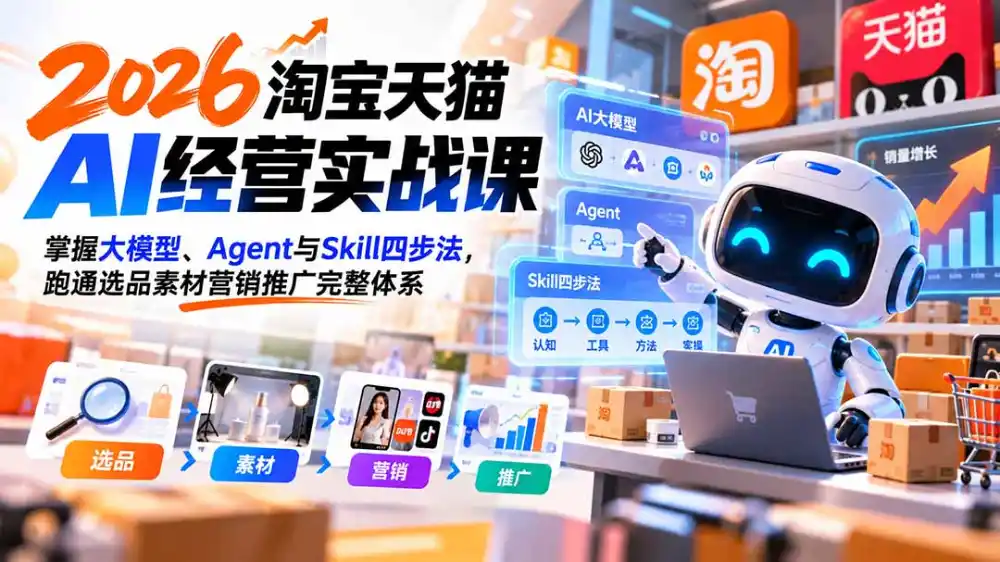 【无水印】2026淘宝天猫AI经营实战课：掌握大模型、Agent与Skill四步法，跑通选品素材营销推广完整体系-来缘阁