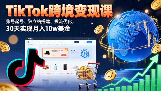 TikTok跨境变现课：账号起号、独立站搭建、投流优化，30天实现月入10w美金-来缘阁