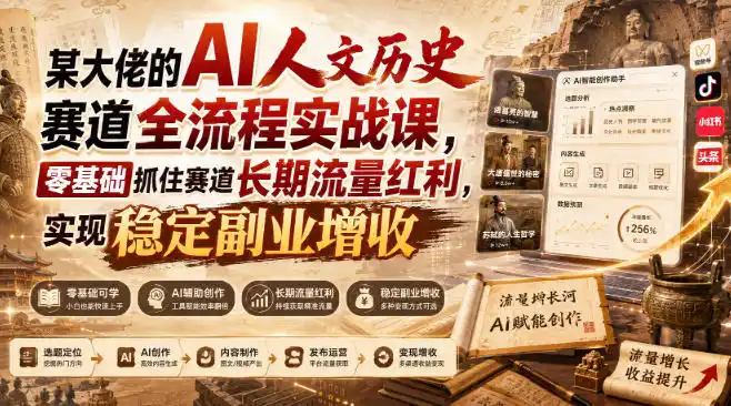 某大佬的AI人文历史赛道全流程实战课,零基础抓住赛道长期流量红利,实现稳定副业增收-来缘阁