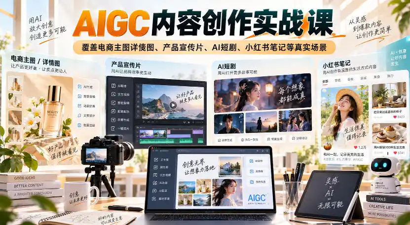 AIGC内容创作实战课，覆盖电商主图详情图、产品宣传片、AI短剧、小红书笔记等真实场景-来缘阁