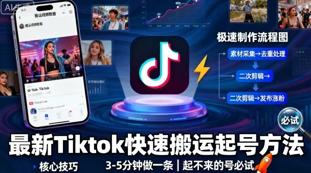 最新Tiktok快速搬运快速起号方法，3-5分钟做一条，起不来的号可以试试-来缘阁