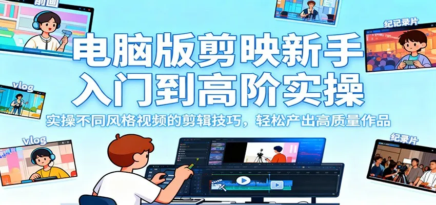 电脑版剪映新手入门到高阶实操，实操不同风格视频的剪辑技巧，轻松产出高质量作品-来缘阁