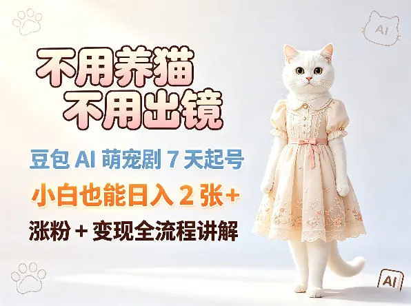 不用养猫不用出镜，豆包AI萌宠剧7天起号，小白也能日入2张+，涨粉+变现全流程讲解-来缘阁