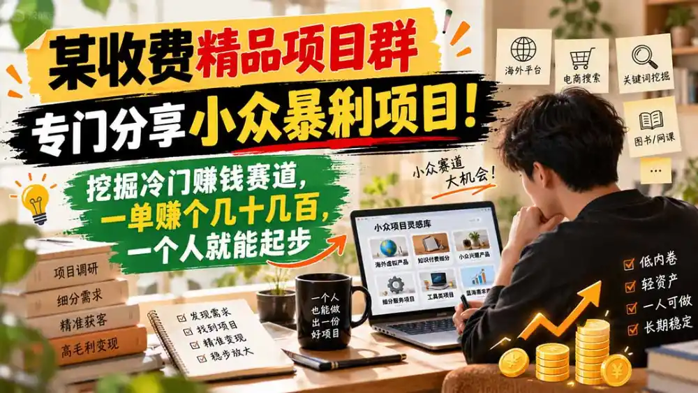 某收费精品项目群，专门分享小众暴俐项目！挖掘冷门赚钱赛道，一单赚个几十几百，一个人就能起步-来缘阁