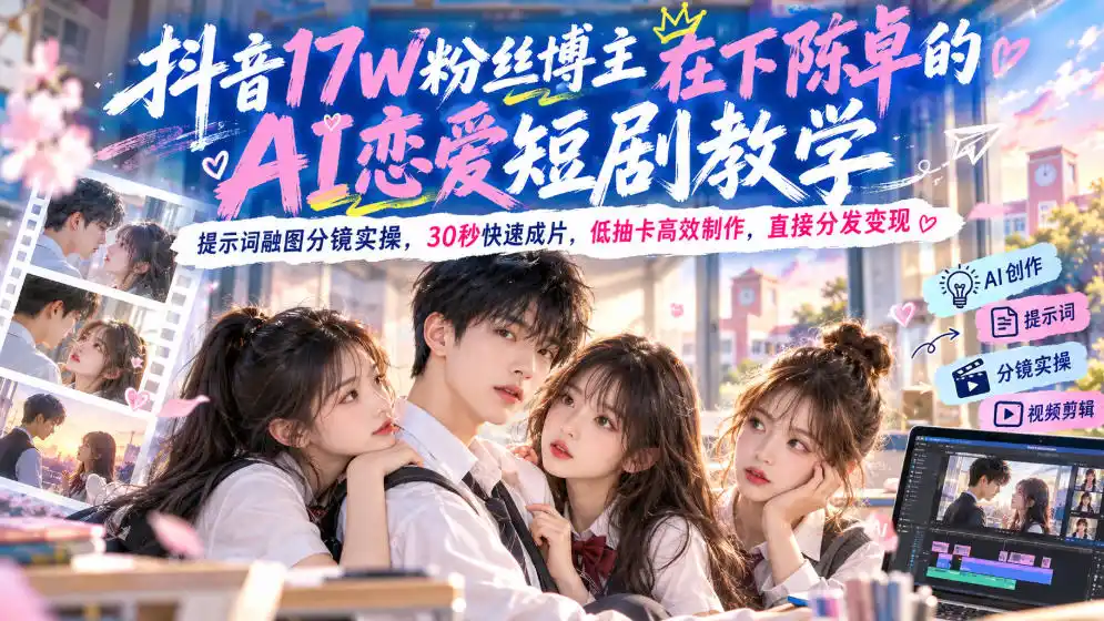 抖音17W粉丝博主在下陈卓的AI恋爱短剧教学，提示词融图分镜实操，30秒快速成片，低抽卡高效制作，直接分发变现-来缘阁