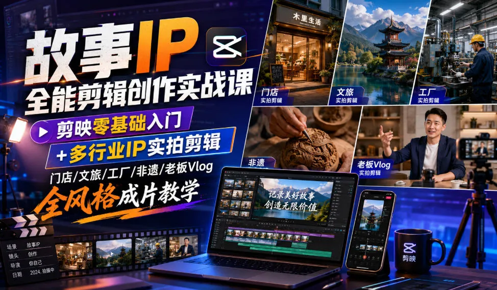 故事IP全能剪辑创作实战课｜剪映零基础入门+多行业IP实拍剪辑，门店/文旅/工厂/非遗/老板Vlog全风格成片教学-来缘阁