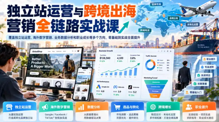 独立站运营与跨境出海营销全链路实战课,覆盖独立站运营、海外数字营销、业务数据分析和职业成长等多个方向,零基础到实战全面提升-来缘阁