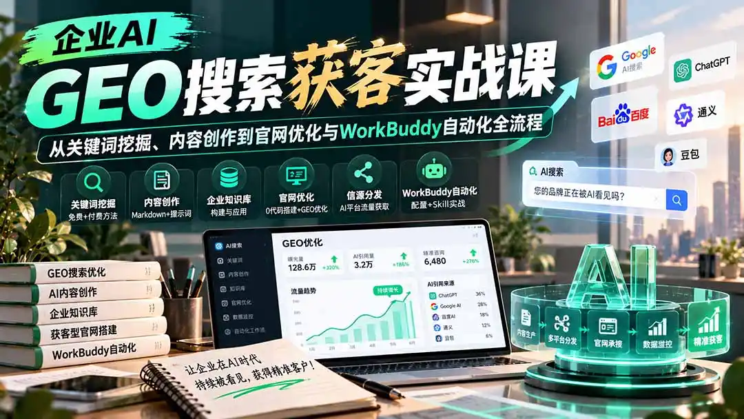 企业AI GEO搜索获客实战课：从关键词挖掘、内容创作到官网优化与WorkBuddy自动化全流程-来缘阁