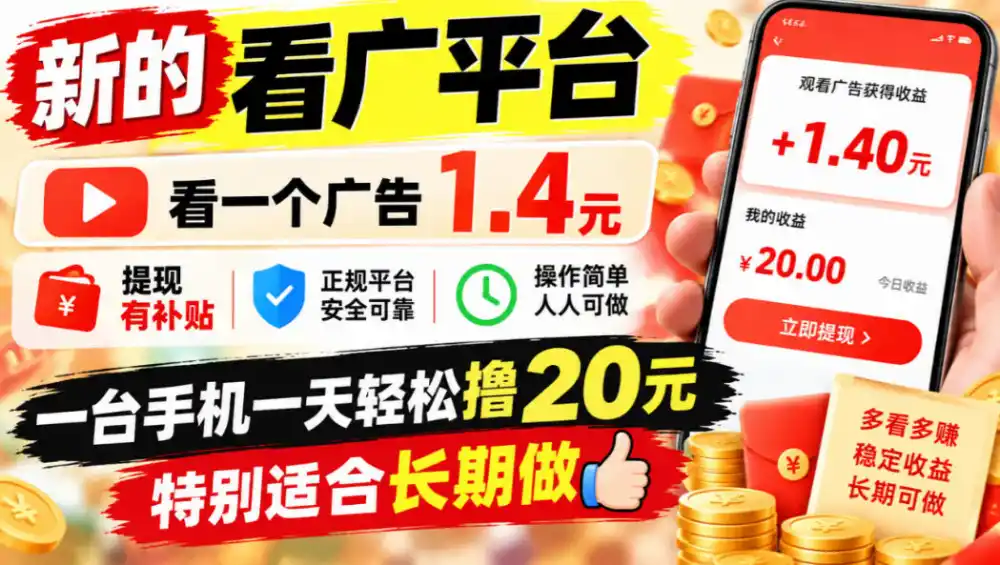 一个新的看广平台,看一个广告1.4元,提现有补贴,一台手机一天轻松撸20+,特别适合长期做【揭秘】-来缘阁