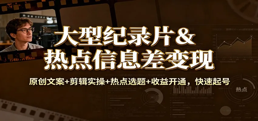 大型纪录片&热点信息差变现:原创文案+剪辑实操+热点选题+收益开通,快速起号-来缘阁