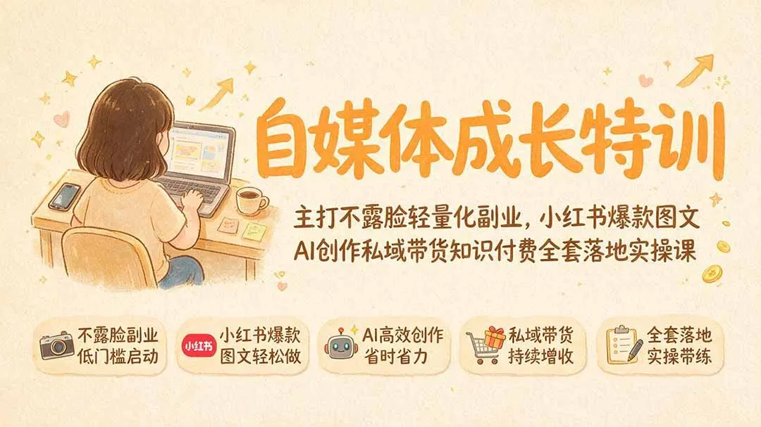 自媒体成长特训｜主打不露脸轻量化副业，小红书爆款图文AI创作私域带货知识付费全套落地实操课-来缘阁