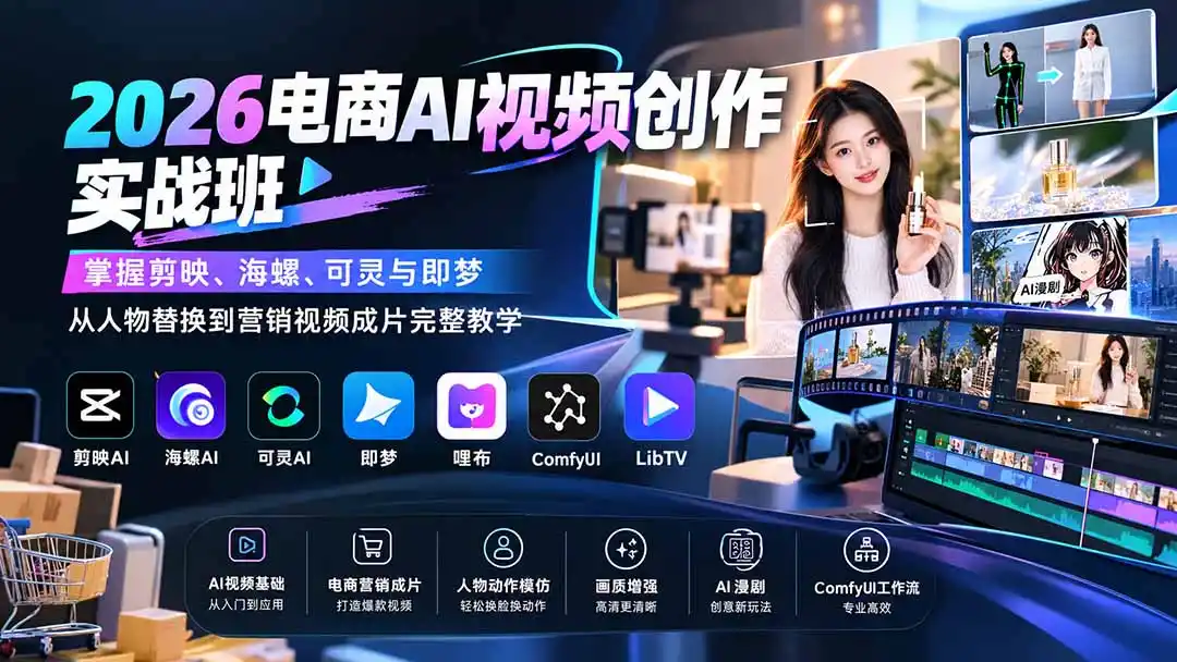 2026电商AI视频创作实战班：掌握剪映、海螺、可灵与即梦，从人物替换到营销视频成片完整教学-来缘阁