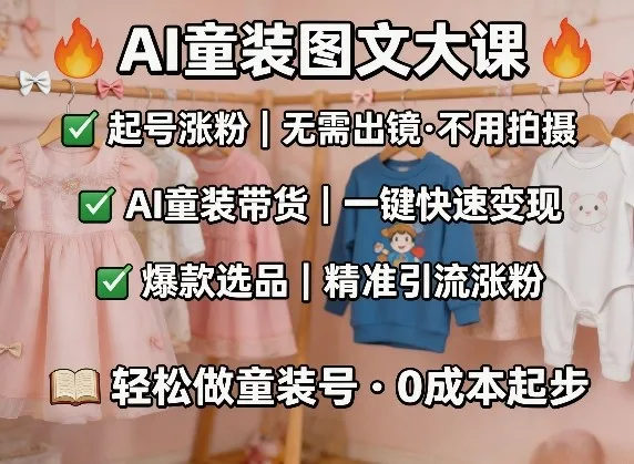 AI童装图文剪辑，某社群童装图文大课，起号涨粉、AI童装带货、爆款选品，无需出镜和拍摄-来缘阁