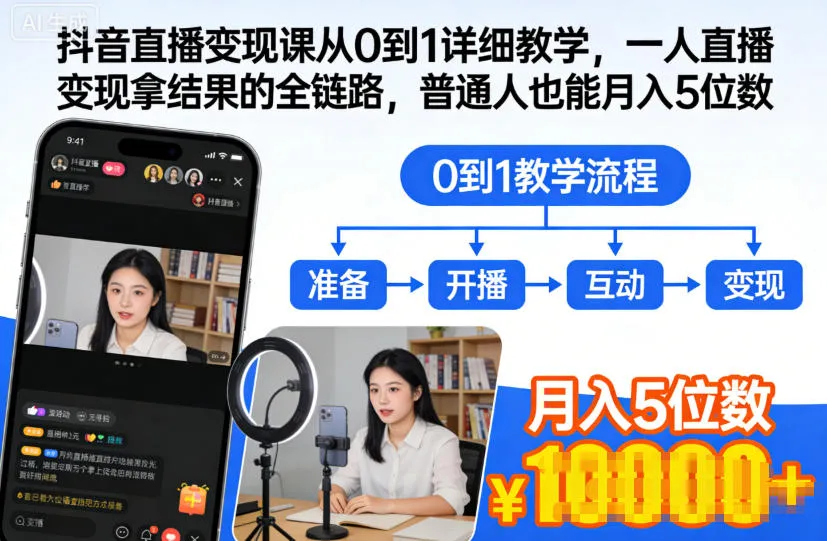 抖音直播变现课从0到1详细教学，一人直播变现拿结果的全链路，普通人也能月入5位数-来缘阁