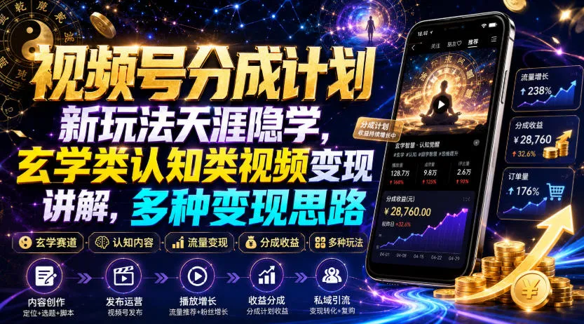 视频号分成计划新玩法天涯隐学，玄学类认知类视频变现讲解，多种变现思路-来缘阁