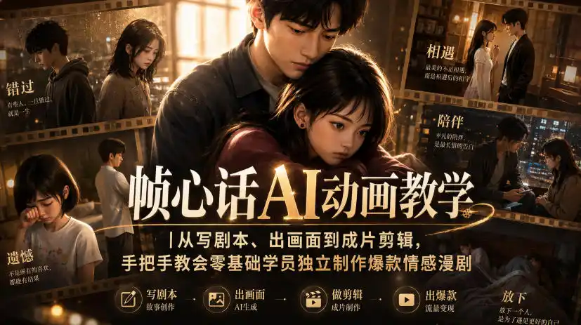 帧心话AI动画教学｜从写剧本、出画面到成片剪辑，手把手教会零基础学员独立制作爆款情感漫剧-来缘阁