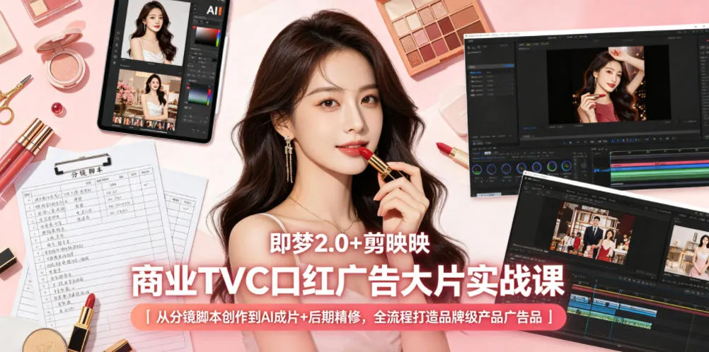 即梦2.0+剪映商业TVC口红广告大片实战课｜从分镜脚本创作到AI成片+后期精修，全流程打造品牌级产品广告-来缘阁