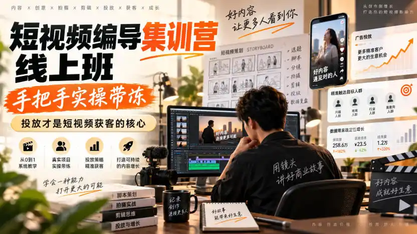 短视频编导集训营线上班,手把手实操带冻,投放才是短视频获客的核心-来缘阁