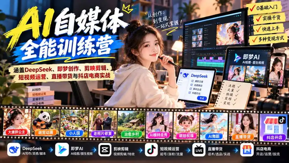 【无水印】AI+自媒体全能训练营：涵盖DeepSeek、即梦创作、剪映剪辑、短视频运营、直播带货与抖店电商实战-来缘阁