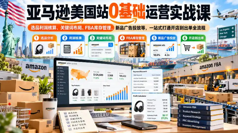 亚马逊美国站0基础运营实战课|选品利润核算、关键词布局、FBA库存管理、新品广告投放等,一站式打通开店到出单全流程-来缘阁