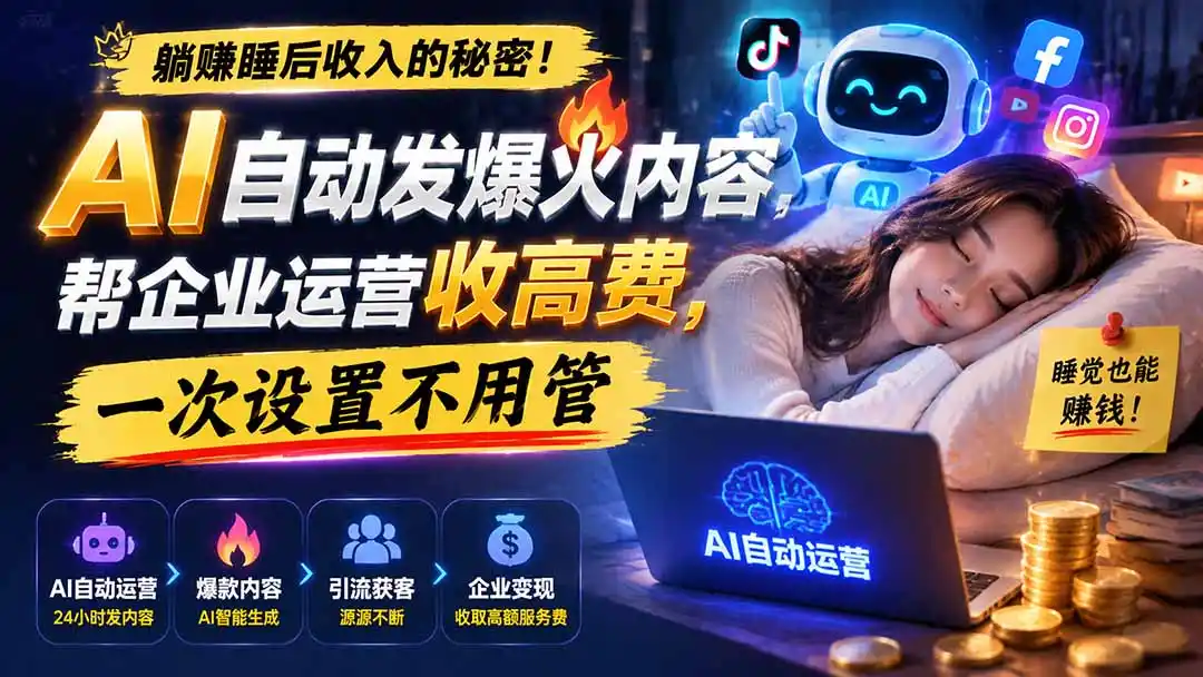 躺赚睡后收入的秘密！AI 自动发爆火内容，帮企业运营收高费，一次设置不用管【原创双语字幕】-来缘阁