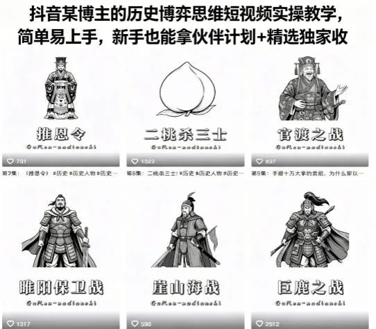 抖音某博主的历史博弈思维短视频实操教学，简单易上手，新手也能拿伙伴计划+精选独家收益-来缘阁