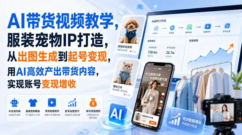 AI带货视频教学，服装宠物IP打造，从出图生成到起号变现，用AI高效产出带货内容，实现账号变现增收-来缘阁