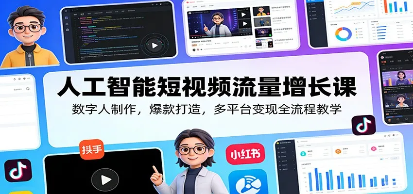 人工智能短视频流量增长课:数字人制作,爆款打造,多平台变现全流程教学-来缘阁