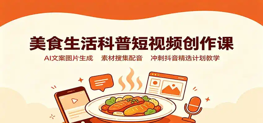 美食生活科普短视频创作课：AI文案图片生成，素材搜集配音，冲刺抖音精选计划教学-来缘阁
