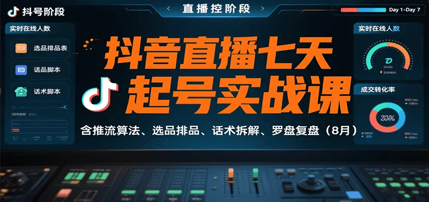 抖音直播七天起号实战课：含推流算法、选品排品、话术拆解、罗盘复盘(8月)-来缘阁