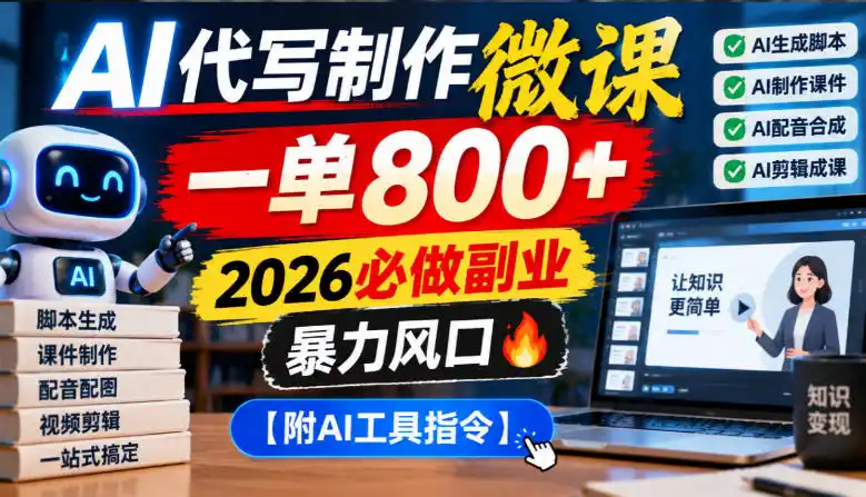 AI代写制作微课,一单800+,2026必做副业,暴力风口【附AI工具指令】【揭秘】-来缘阁