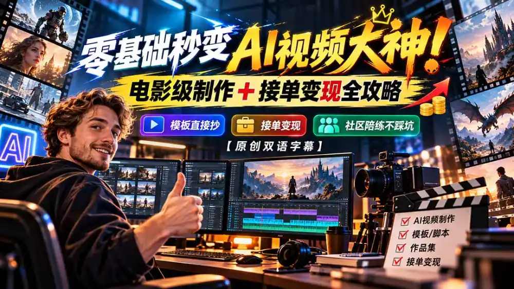 零基础秒变AI视频大神！电影级制作 + 接单变现全攻略，模板直接抄，社区陪练不踩坑【原创双语字幕】-来缘阁