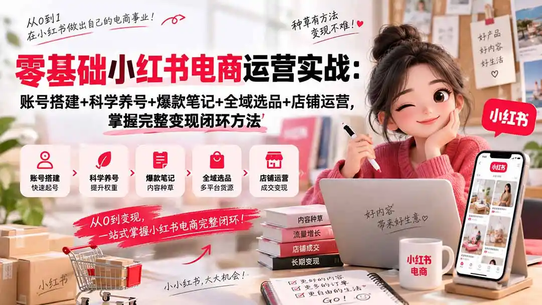 零基础小红书电商运营实战：账号搭建+科学养号+爆款笔记+全域选品+店铺运营，掌握完整变现闭环方法-来缘阁