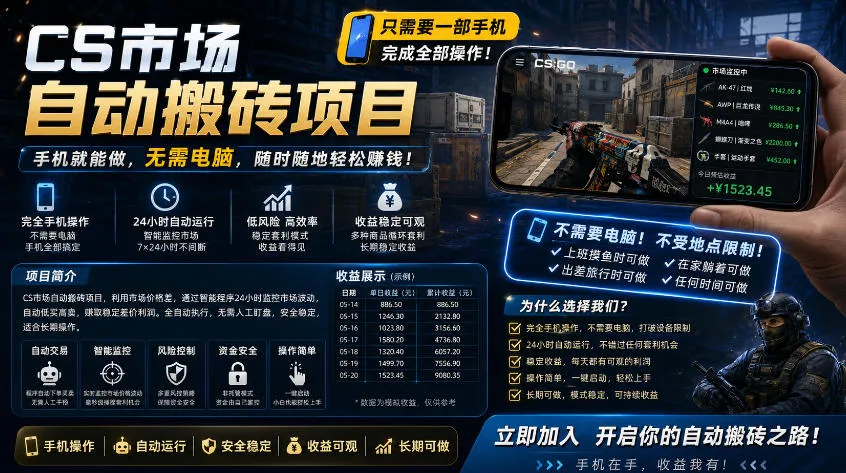 手机即可操作的CS市场自动搬砖系统｜自动监控｜自动下单|日入300+【揭秘】-来缘阁