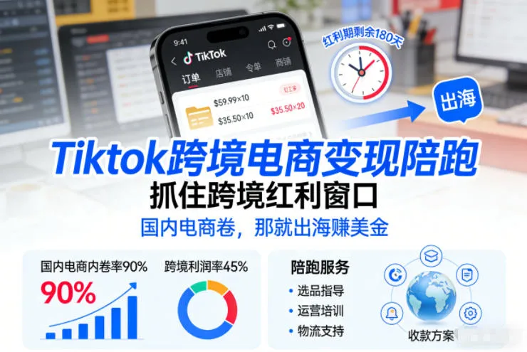 Tiktok跨境电商变现陪跑，抓住跨境红利窗口，国内电商卷，那就出海賺美金-来缘阁