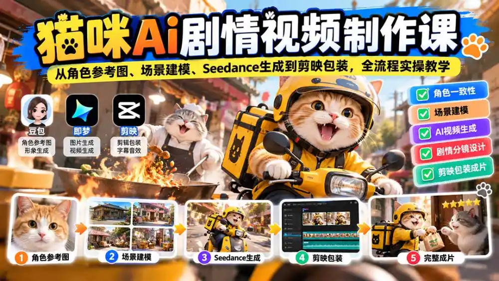 猫咪AI剧情视频制作课:从角色参考图、场景建模、Seedance生成到剪映包装,全流程实操教学-来缘阁