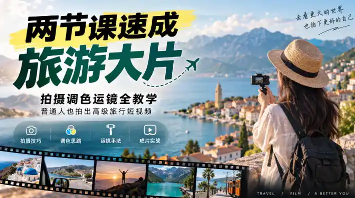 两节课速成旅游大片｜拍摄调色运镜全教学，普通人也拍出高级旅行短视频-来缘阁