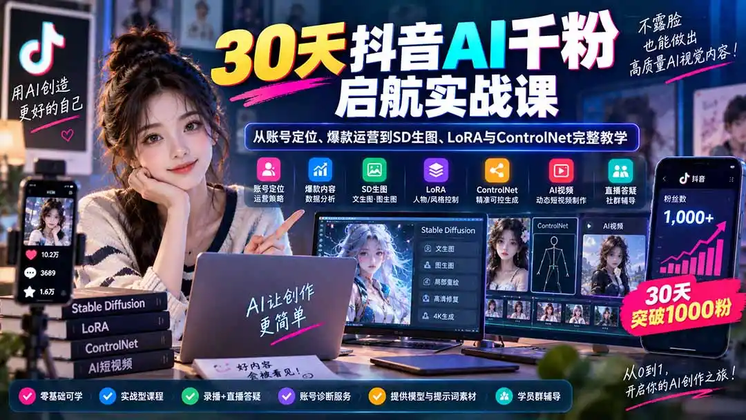 30天抖音AI千粉启航实战课：从账号定位、爆款运营到SD生图、LoRA与ControlNet完整教学-来缘阁