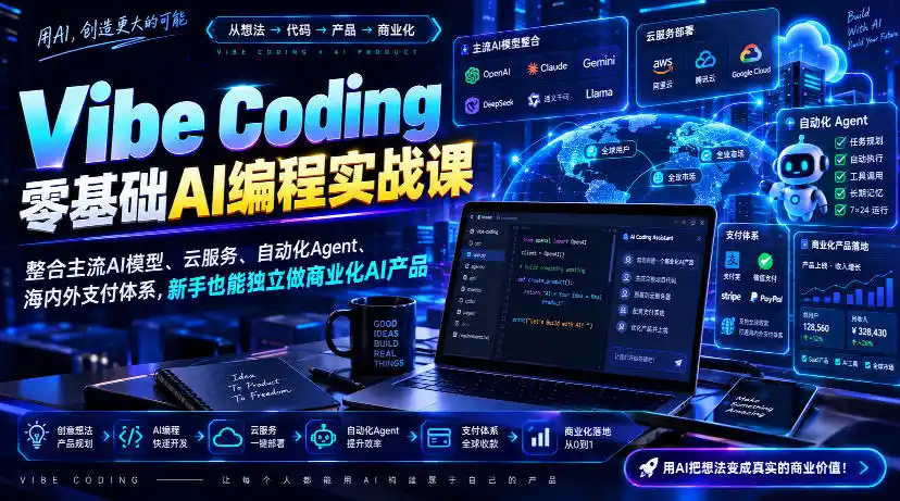 Vibe Coding零基础AI编程实战课-无水印,整合主流AI模型、云服务、自动化Agent、海内外支付体系,新手也能独立做商业化AI产品-来缘阁