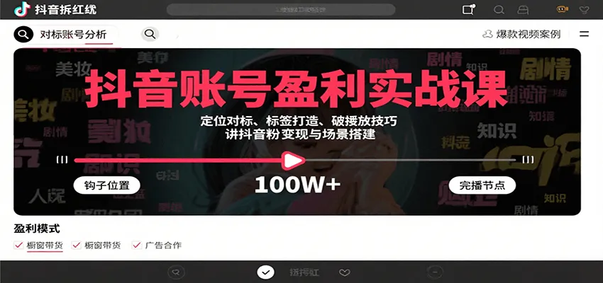 抖音账号盈利实战课，定位对标、标签打造、破播放技巧，讲涨粉变现与场景搭建-来缘阁