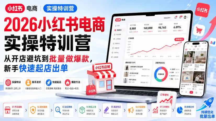 2026小红书电商实操特训营,从开店避坑到批量做爆款,新手快速起店出单-来缘阁