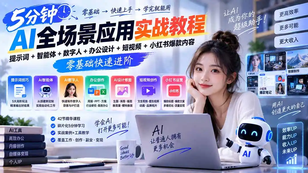 AI全场景应用实战教程｜提示词+智能体+数字人+办公设计+短视频+小红书爆款内容，零基础快速进阶-来缘阁