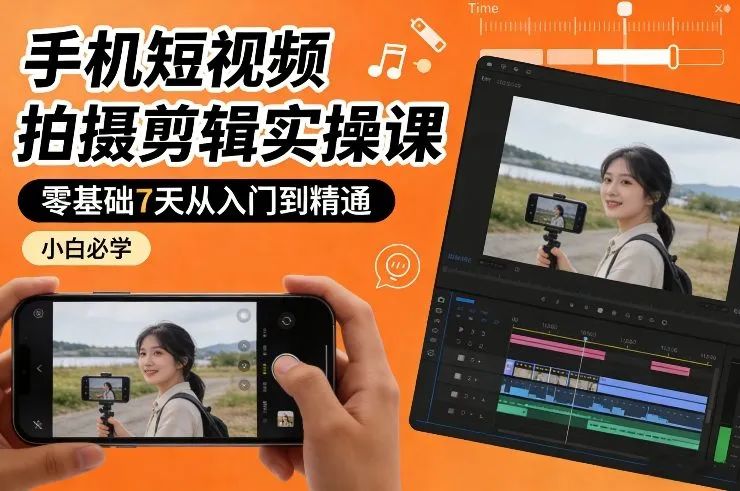 手机短视频拍摄剪辑实操课，零基础7天从入门到精通，小白必学-来缘阁