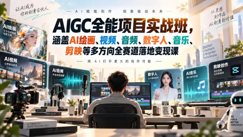 AIGC全能项目实战班，涵盖AI绘画、视频、音频、数字人、音乐、剪映等多方向全赛道落地变现课-来缘阁
