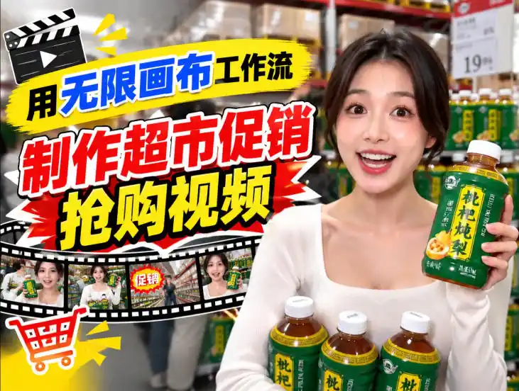 无限画布超市促销抢购视频工作流，一键产出TikTok抖音带货短视频-来缘阁
