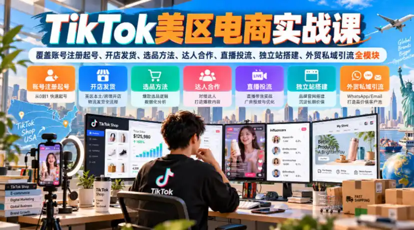 TikTok美区电商实战课，覆盖账号注册起号、开店发货、选品方法、达人合作、直播投流、独立站搭建、外贸私域引流全模块-来缘阁