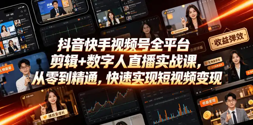 抖音快手视频号全平台剪辑+数字人直播实战课,从零到精通,快速实现短视频变现(更新2026年10月)-来缘阁